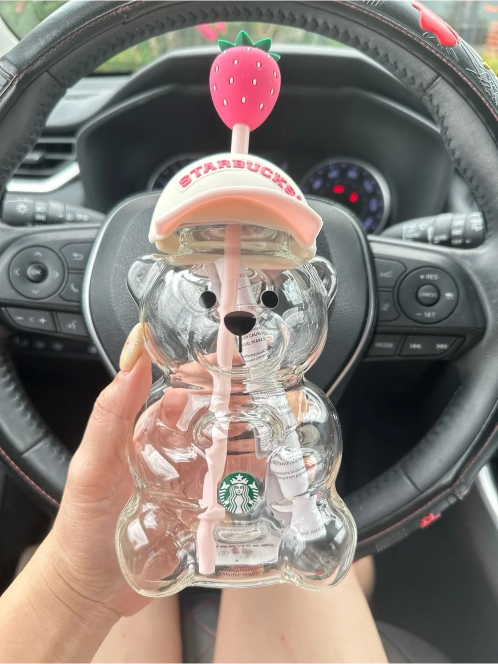 Starbucks Clear Bear Cup with Pink Strawberry Straw and Pink Cap